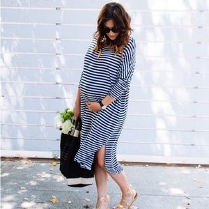 HATCH jersey dress with navy stripe and fleck of color. one size